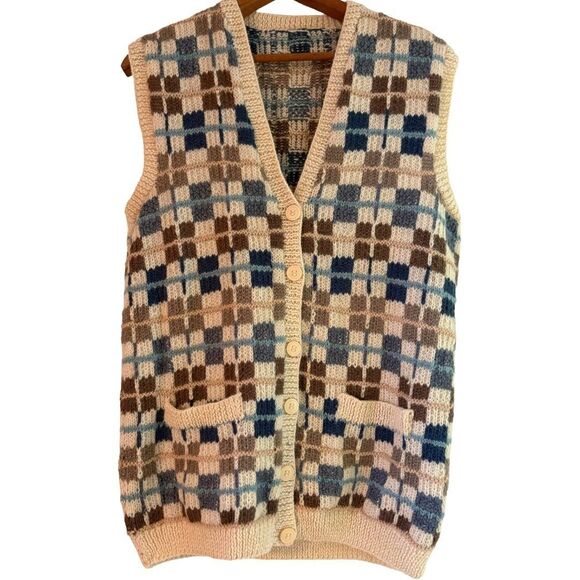 Vintage Cardigan Sweater Vest Women's Small/Medium Wool Hand Knit Blue Cream - Picture 1 of 6